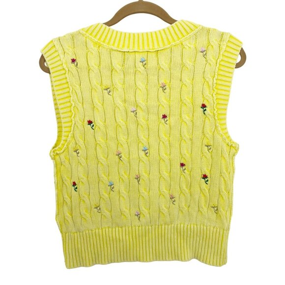 Free People Plumeria Floral Sweater Vest Cable Knit Embroidered Yellow - Size XS - Picture 2 of 5